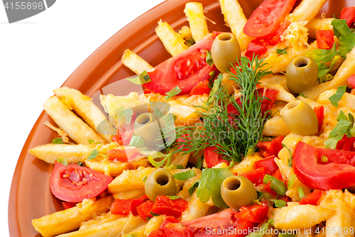 Image of golden French fries potatoes with tomato and olive