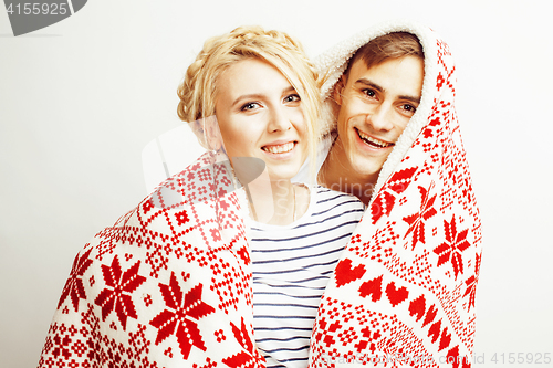 Image of young pretty teenage couple, hipster guy with his girlfriend happy smiling and hugging isolated on white background, lifestyle people concept, valentine design winter plaid