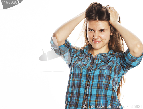 Image of young pretty woman posing on white background isolated emotional