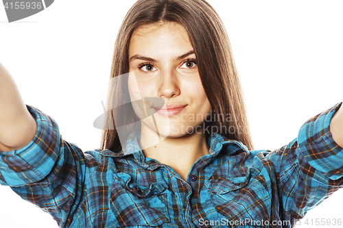 Image of cute teenage girls making selfie isolated