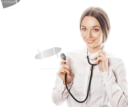 Image of young pretty woman doctor with stethoscope on white background 