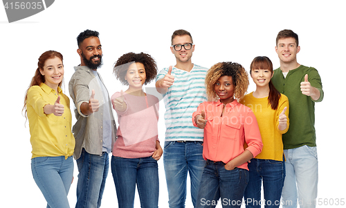 Image of international group of people showing thumbs up