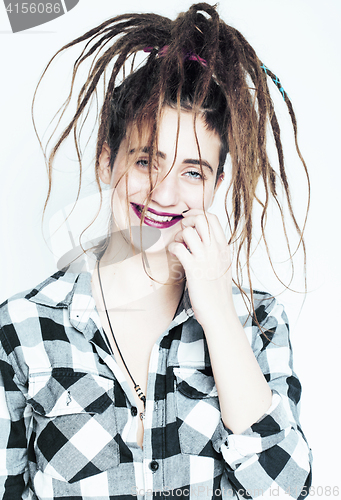 Image of real caucasian woman with dreadlocks hairstyle funny cheerful fa