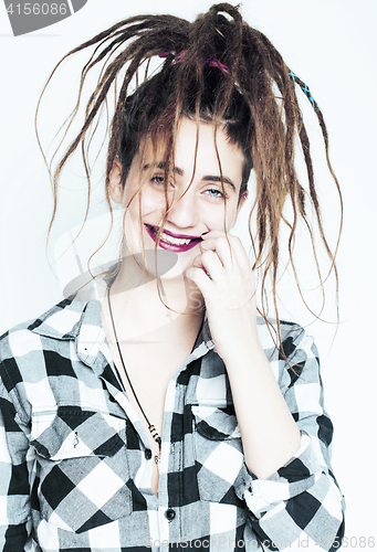 Image of real caucasian woman with dreadlocks hairstyle funny cheerful fa