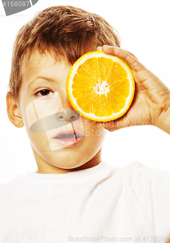 Image of little cute boy with orange fruit double isolated on white smili