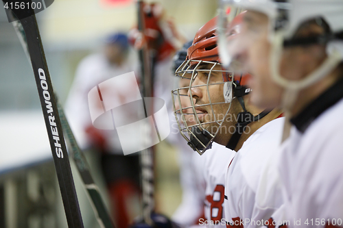 Image of Moscow, Russia - January, 07, 2017: Amateur hockey league LHL-77. Game between hockey team \"New Jersey 53\" and hockey team \"Reds\".