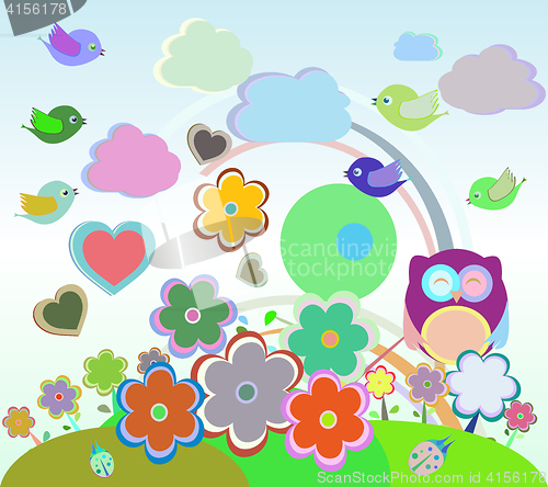 Image of vector Background with owl, birds, flowers, clouds and trees