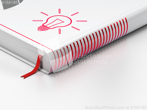 Image of Business concept: closed book, Light Bulb on white background