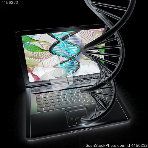 Image of Laptop with dna medical model background on laptop screen. 3d il