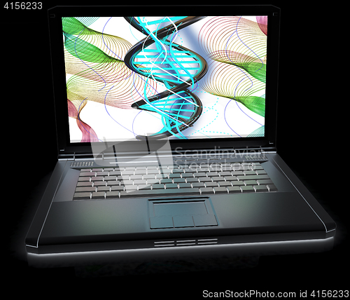 Image of Laptop with dna medical model background on laptop screen. 3d il