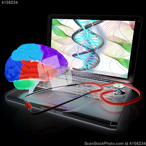 Image of Laptop, brain and Stethoscope. 3d illustration