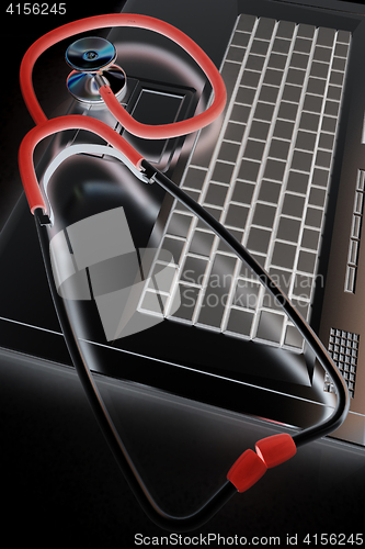 Image of silver laptop diagnosis with stethoscope. 3D illustration