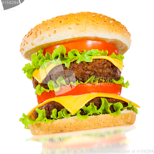 Image of Tasty and appetizing hamburger on a white