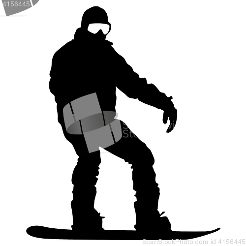 Image of Black silhouettes snowboarders on white background.