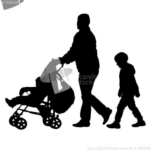 Image of Black silhouettes Family with pram on white background. illustration