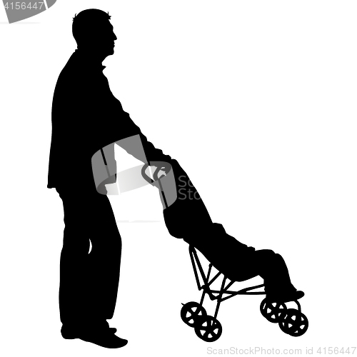 Image of Black silhouettes father with pram on white background. illustration