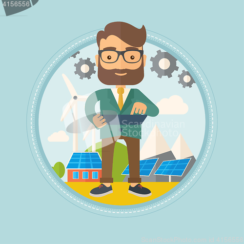 Image of Male worker of solar power plant and wind farm.