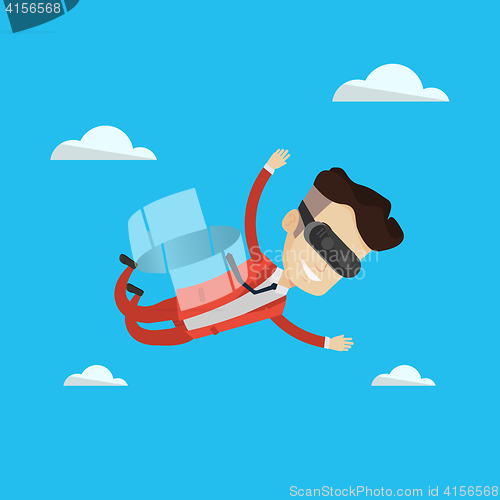 Image of Businessman in vr headset flying in the sky.