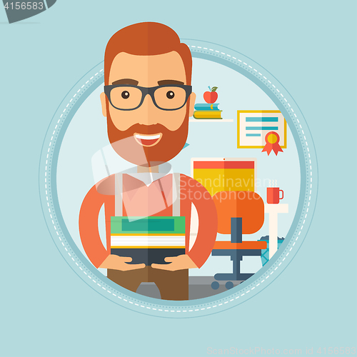 Image of Man holding pile of books vector illustration.