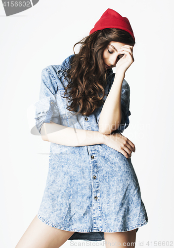 Image of young cheerful brunette teenage girl on white background