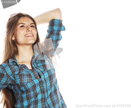 Image of young pretty woman posing on white background isolated emotional