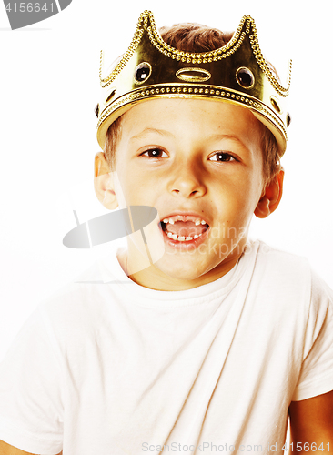 Image of little cute boy wearing crown isolated close up on white