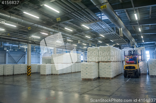Image of Forklift truck loads pallets with finished goods