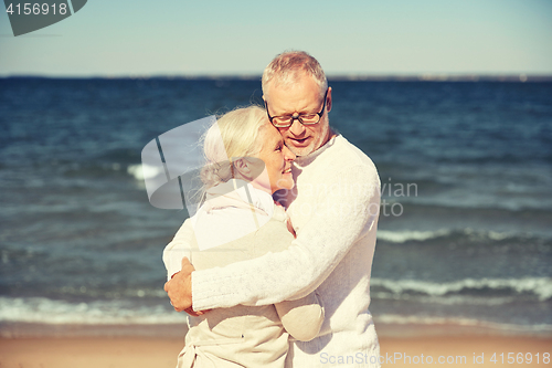 Image of happy senior couple hugging on summer beach