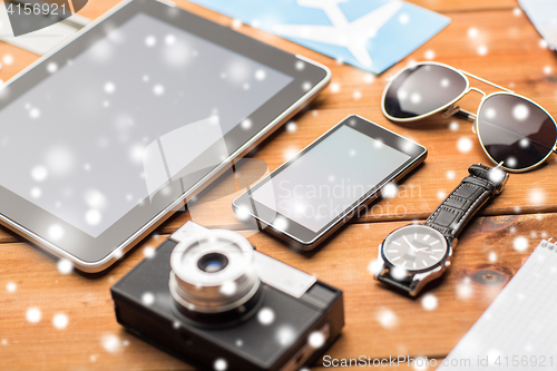 Image of close up of smartphone and travel stuff