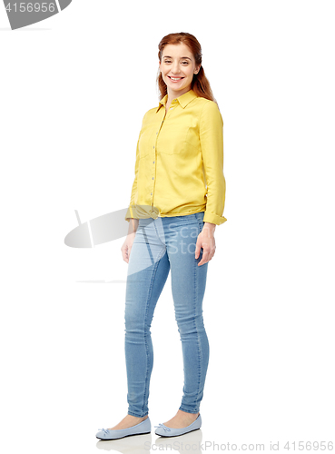 Image of happy young woman over white