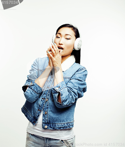 Image of young pretty asian woman posing cheerful emotional isolated on white background, lifestyle people concept