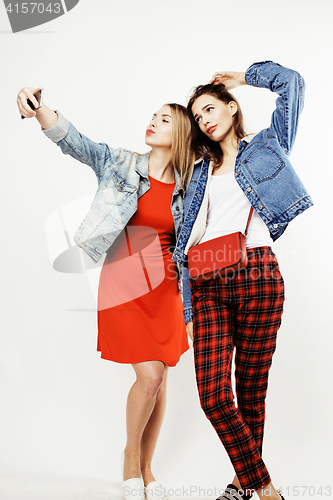 Image of best friends teenage girls together having fun, posing emotional on white background, besties happy smiling, lifestyle people concept