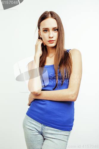 Image of young pretty brunette woman posing emotional isolated on white background thinking, lifestyle people concept