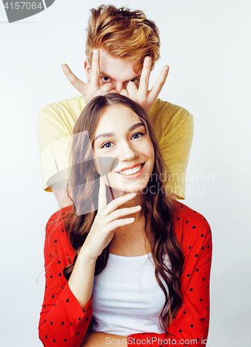 Image of young attractive couple together having fun happy smiling isolated on white background, emotional posing, lifestyle people concept 