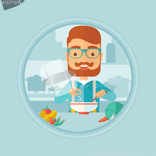 Image of Man putting salt in salad vector illustration.