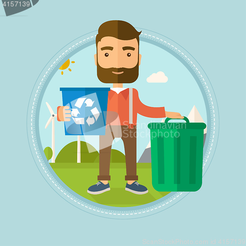 Image of Man with recycle bin and trash can.