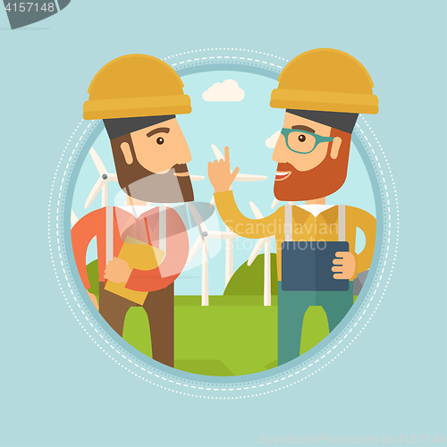 Image of Workers of wind farm talking vector illustration.