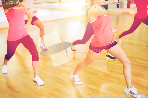 Image of group of smiling people exercising in the gym