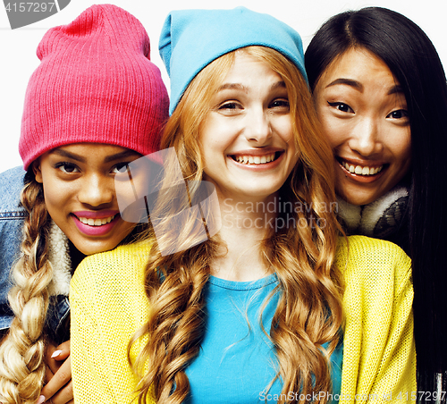 Image of diverse nation girls group, teenage friends company cheerful having fun, happy smiling, cute posing isolated on white background, lifestyle people concept