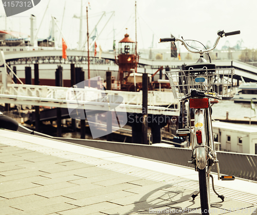 Image of post card city view from vintage bicycle, riverside Germany, Ham