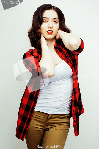 Image of young pretty stylish hipster girl posing emotional isolated on white background happy smiling cool smile, lifestyle people concept