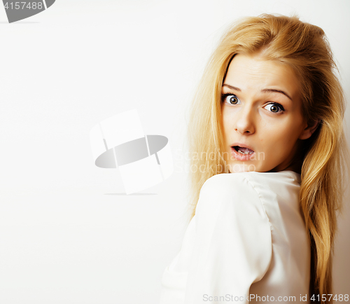 Image of young blond woman on white backgroung gesture thumbs up, isolate