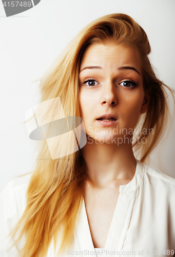 Image of young blond woman on white backgroung gesture thumbs up, isolate