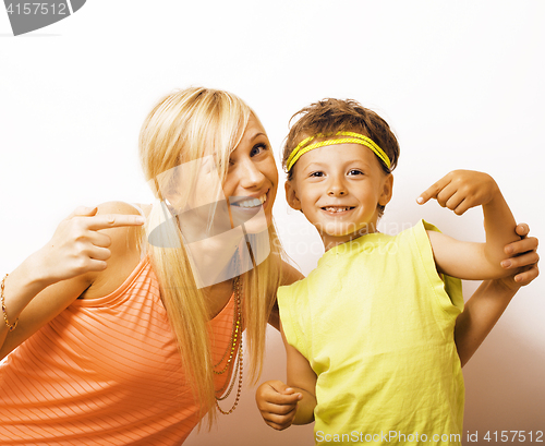 Image of funny mother and son with bubble gum