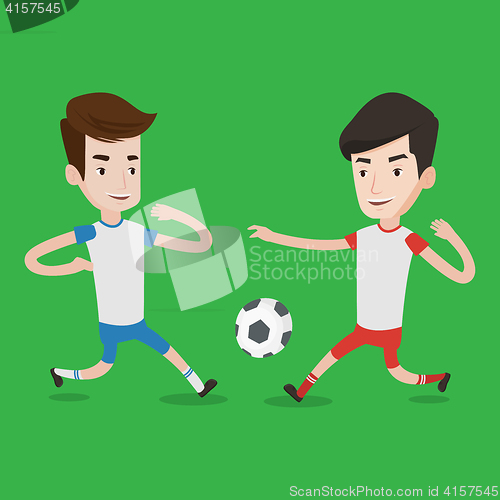 Image of Two male soccer players fighting for ball.