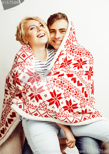 Image of young pretty teenage couple, hipster guy with his girlfriend happy smiling and hugging isolated on white background, lifestyle people concept, valentine design winter plaid