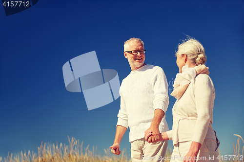 Image of happy senior couple talking outdoors