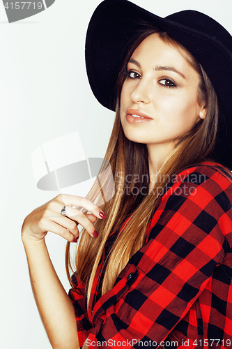 Image of young pretty brunette girl hipster in hat on white background casual close up dreaming smiling. real american modern woman, lifestyle real people concept