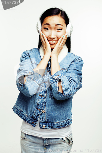 Image of young pretty asian woman posing cheerful emotional isolated on white background, lifestyle people concept
