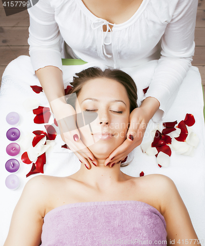 Image of stock photo attractive lady getting spa treatment in salon, healthcare people concept 